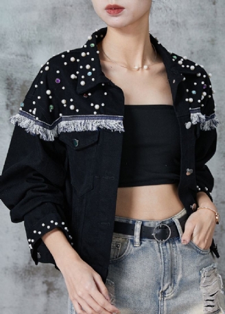 Bohemian Black Tasseled Patchwork Nail Bead Denim Jacket Spring