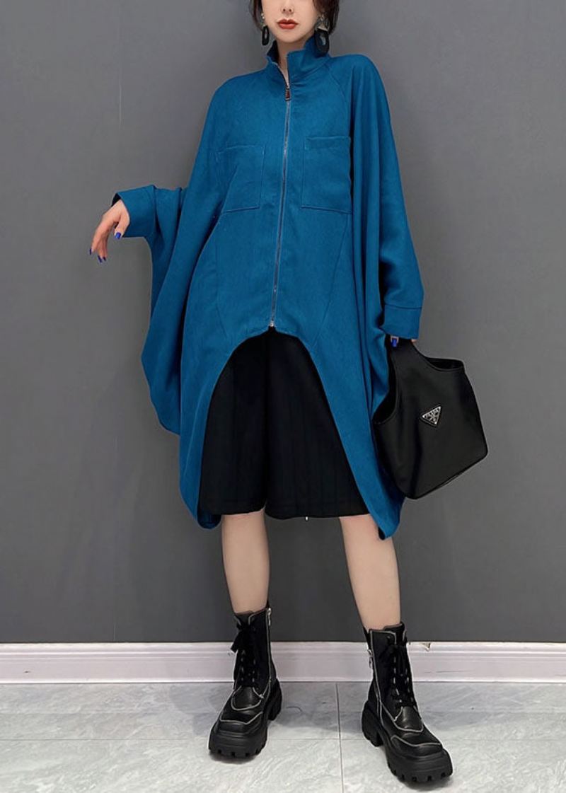 Bohemian Blue Asymmetrisk Design Glidelås Cotton Coat Fall