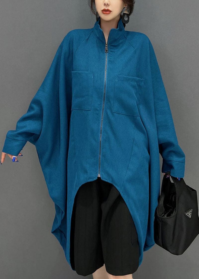 Bohemian Blue Asymmetrisk Design Glidelås Cotton Coat Fall - Vinterfrakker for kvinner