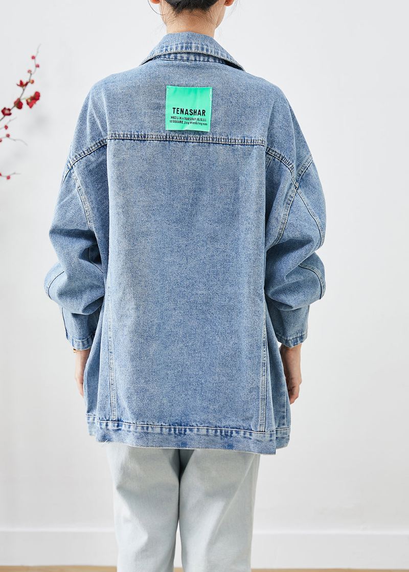 Bohemian Blue Oversized Applique Denimjakke Høst - Vinterfrakker for kvinner