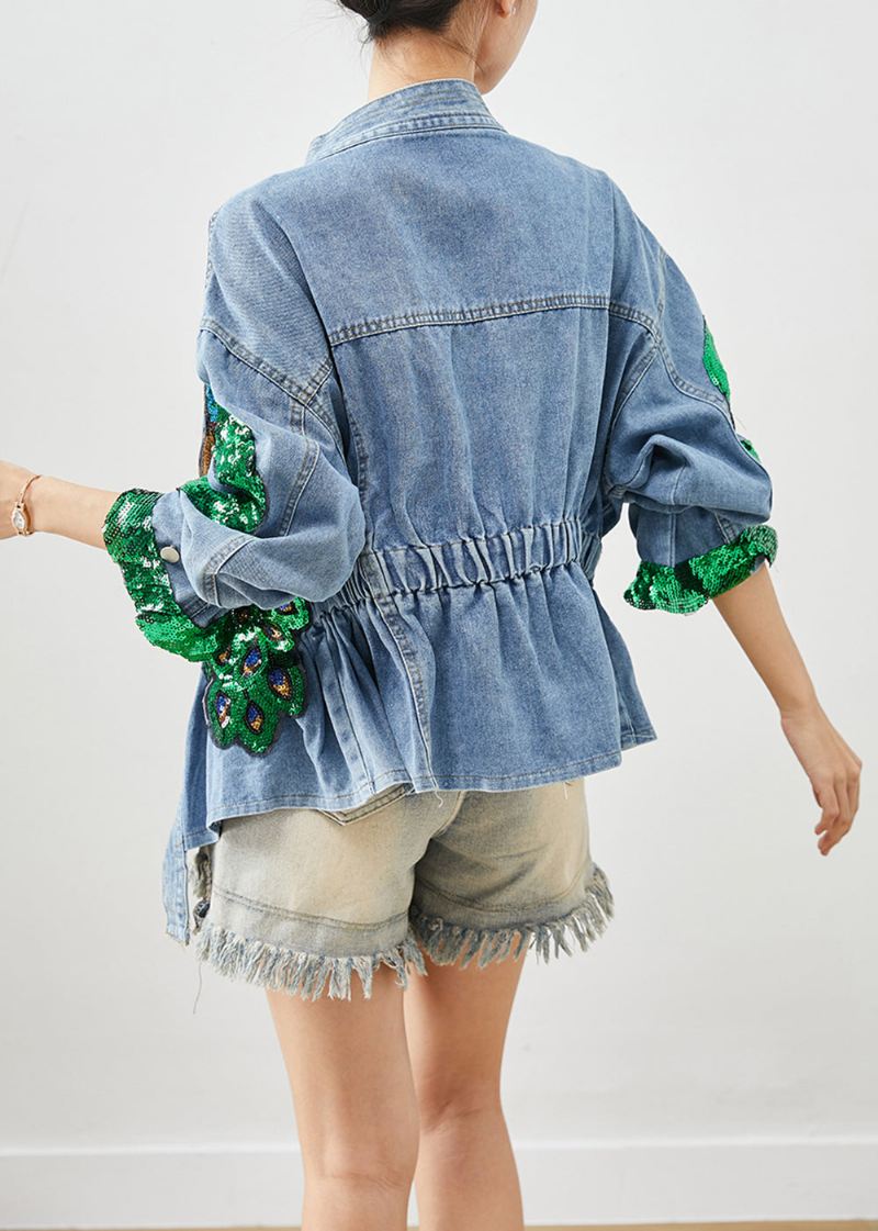 Bohemian Blue Peacock Paljetter Elastisk Midje Denim Coats Fall - Vinterfrakker for kvinner