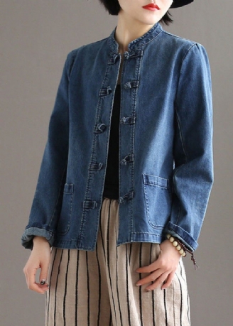 Bohemian Blue Stand Kragelommer Patchwork Button Denim Coats Fall