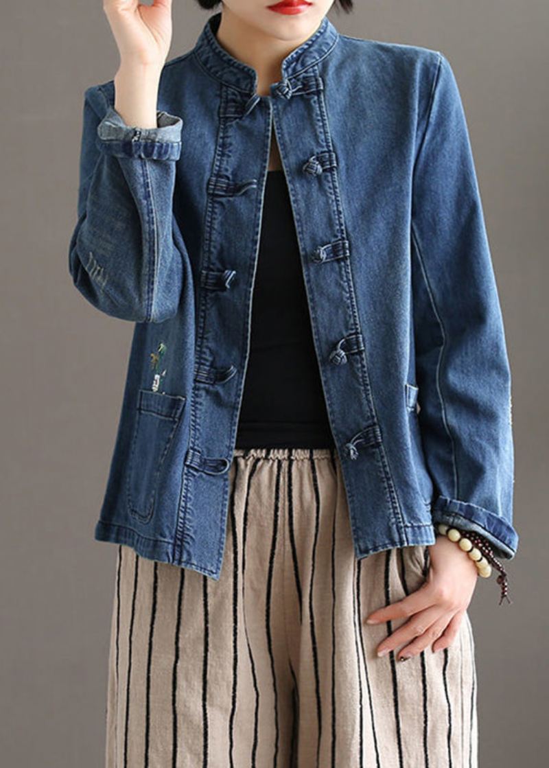 Bohemian Blue Stand Kragelommer Patchwork Button Denim Coats Fall - Vinterfrakker for kvinner