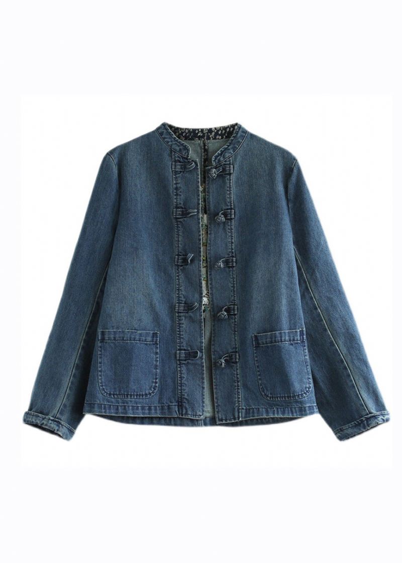 Bohemian Blue Stand Kragelommer Patchwork Button Denim Coats Fall - Vinterfrakker for kvinner