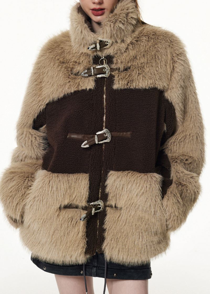 Bohemian Brown Chocolate Stand Krage Patchwork Glidelåsknapp Faux Fur Coats Vinter