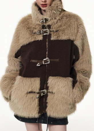 Bohemian Brown Chocolate Stand Krage Patchwork Glidelåsknapp Faux Fur Coats Vinter