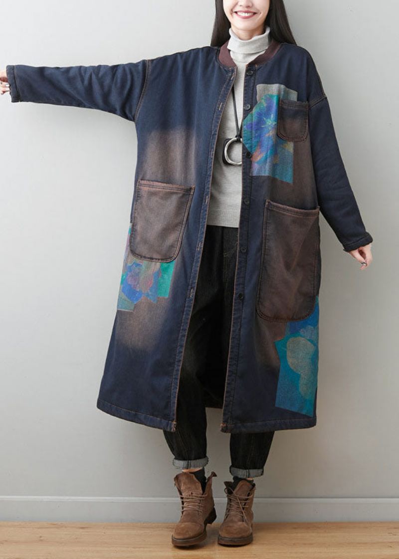 Bohemian Dark Blue Patchwork Lommer Print Varm Fleece Yttertøy Vinter