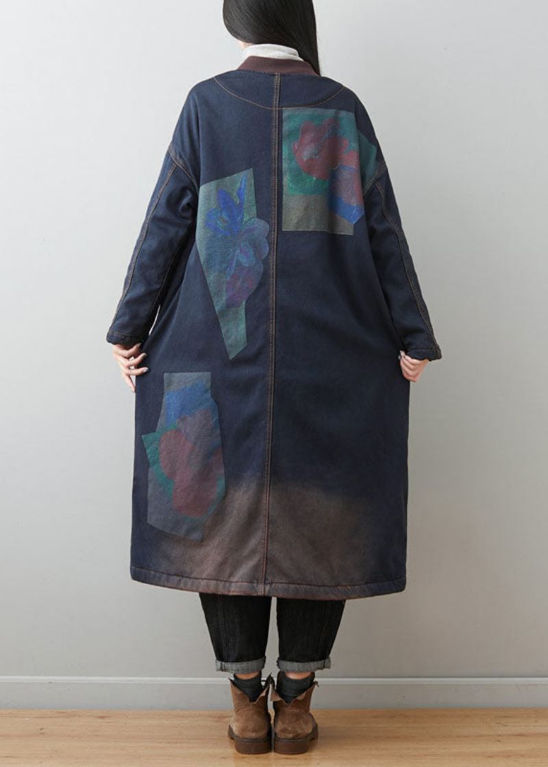 Bohemian Dark Blue Patchwork Lommer Print Varm Fleece Yttertøy Vinter - Vinterfrakker for kvinner