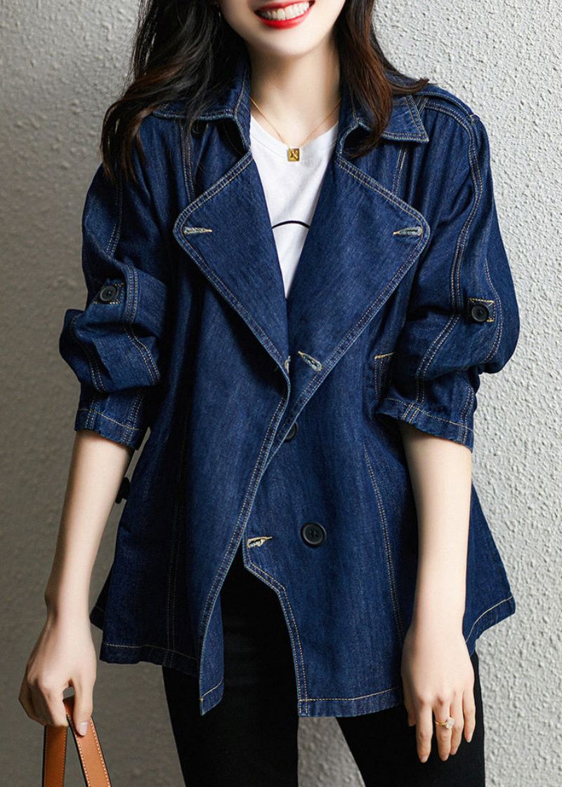 Bohemian Dark Blue Square Collar Patchwork Button Denim Coats Fall - Vinterfrakker for kvinner