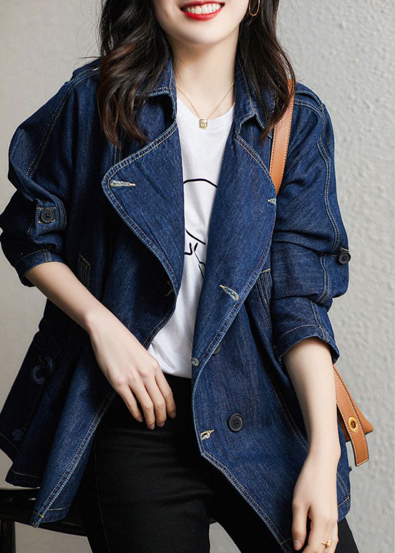 Bohemian Dark Blue Square Collar Patchwork Button Denim Coats Fall - Vinterfrakker for kvinner