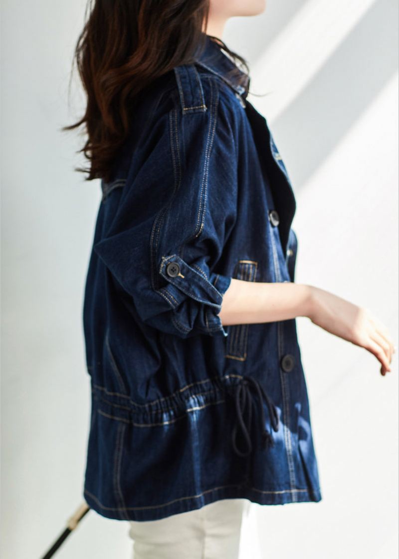 Bohemian Dark Blue Square Collar Patchwork Button Denim Coats Fall - Vinterfrakker for kvinner