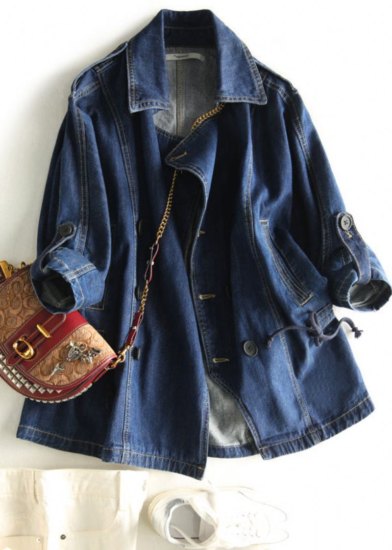 Bohemian Dark Blue Square Collar Patchwork Button Denim Coats Fall - Vinterfrakker for kvinner