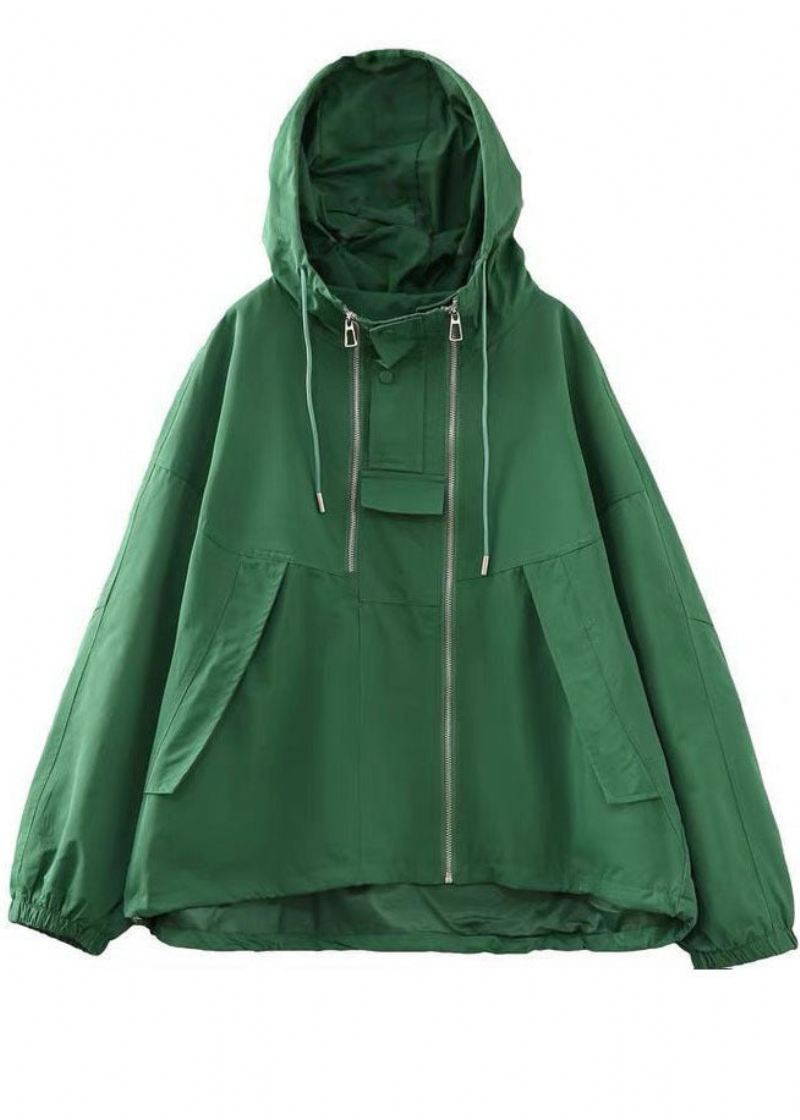 Bohemian Green Oversized Glidelås Snøring Cotton Hettefrakk Langermet - Vinterfrakker for kvinner