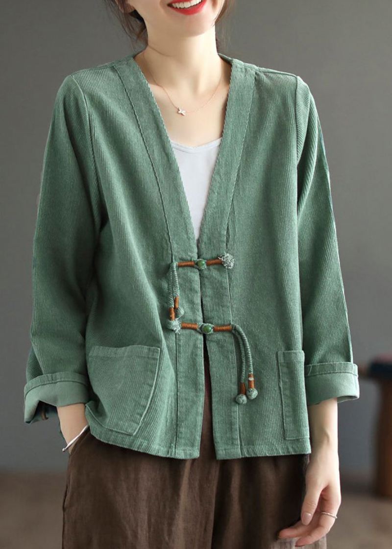 Bohemian Green Tasseled Lommer Patchwork Corduroy Coat Fall - Vinterfrakker for kvinner