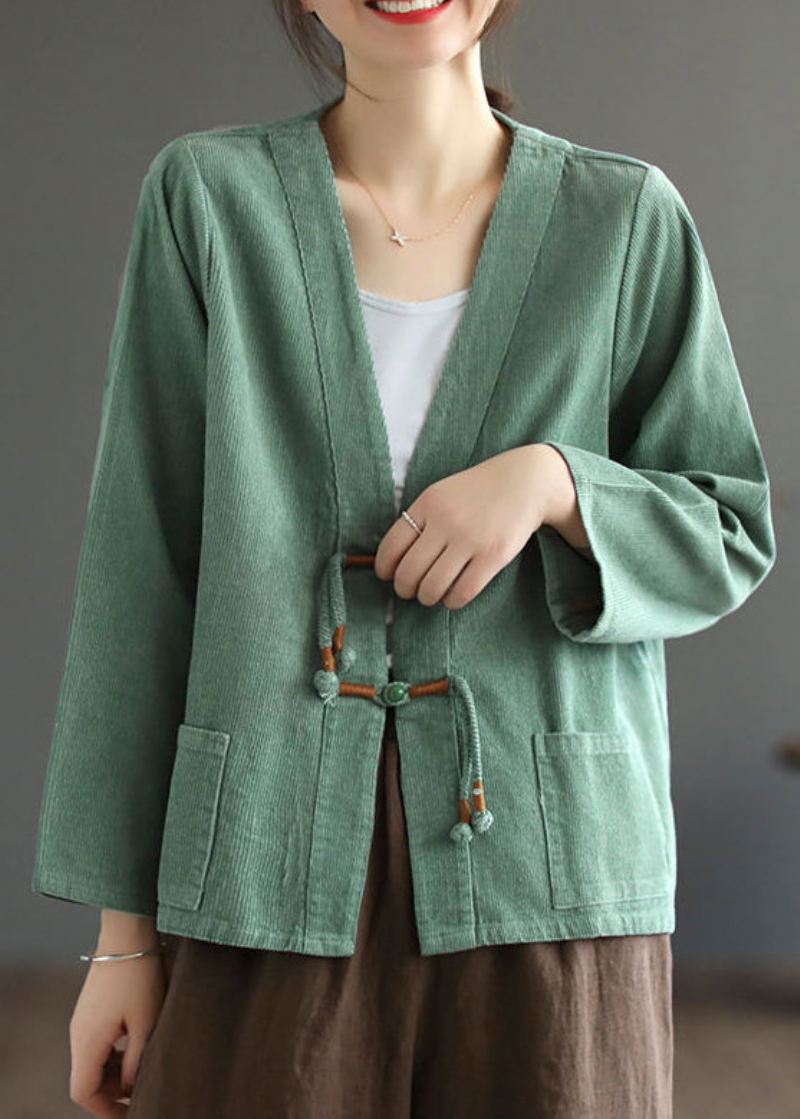 Bohemian Green Tasseled Lommer Patchwork Corduroy Coat Fall - Vinterfrakker for kvinner