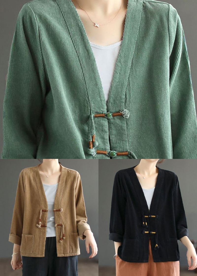 Bohemian Green Tasseled Lommer Patchwork Corduroy Coat Fall - Vinterfrakker for kvinner