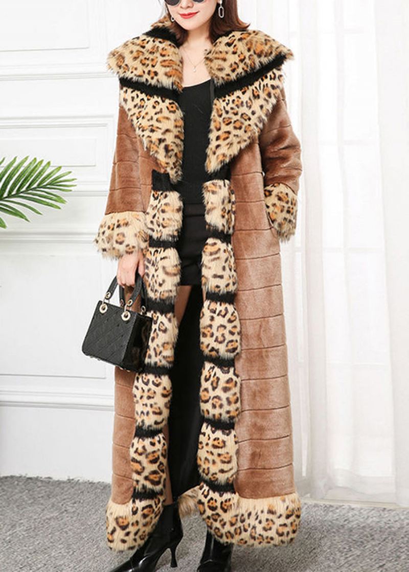 Bohemian Khaki Fox Krage Patchwork Leopard Faux Fur Coat Vinter - Vinterfrakker for kvinner