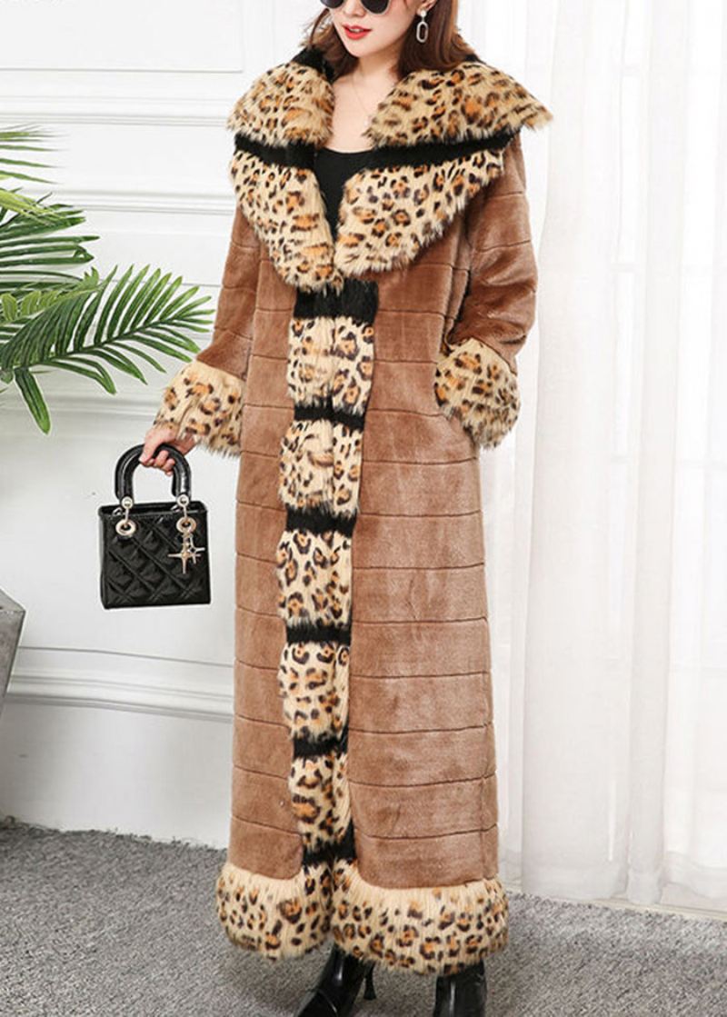 Bohemian Khaki Fox Krage Patchwork Leopard Faux Fur Coat Vinter - Vinterfrakker for kvinner