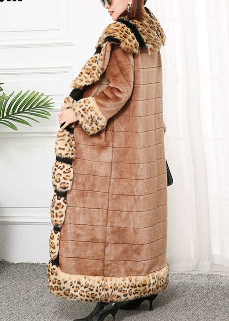 Bohemian Khaki Fox Krage Patchwork Leopard Faux Fur Coat Vinter - Vinterfrakker for kvinner