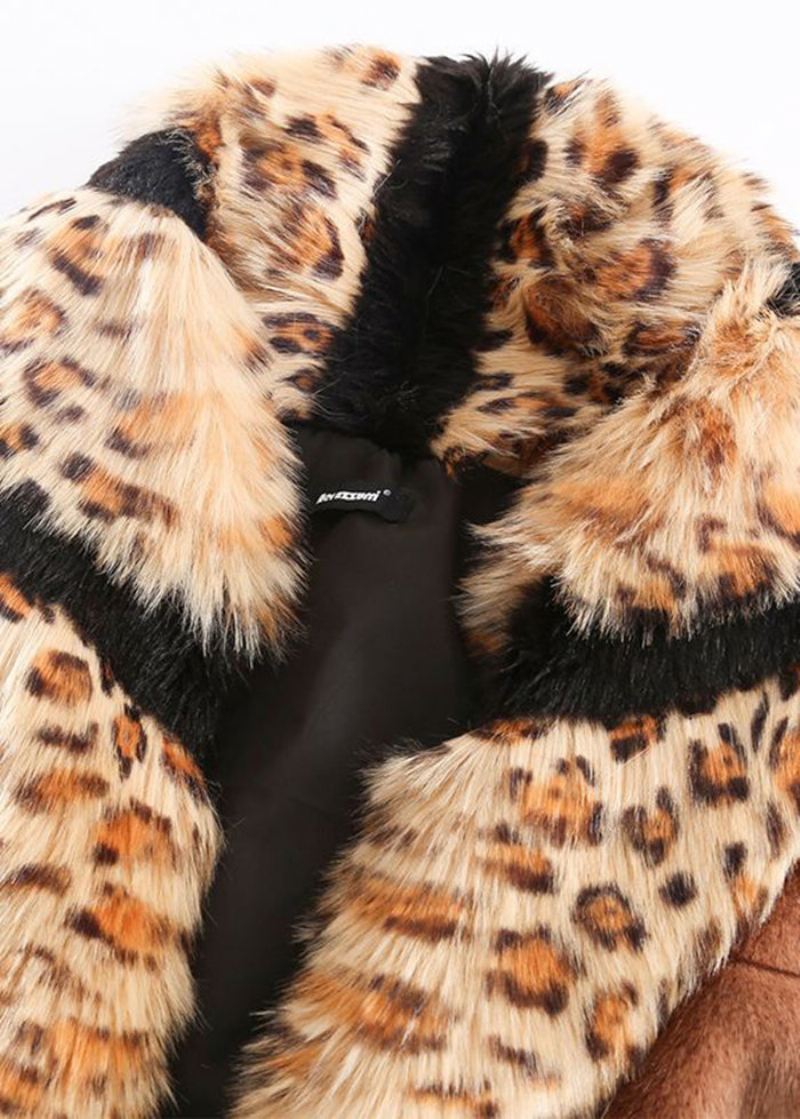 Bohemian Khaki Fox Krage Patchwork Leopard Faux Fur Coat Vinter - Vinterfrakker for kvinner