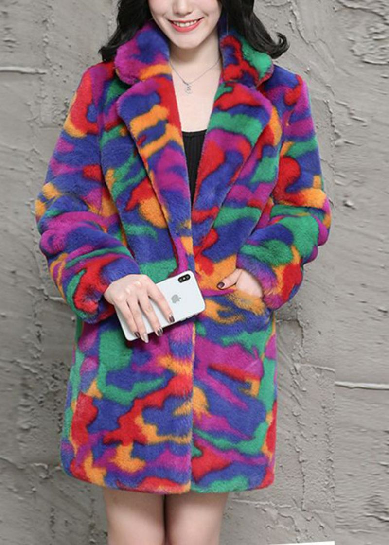 Bohemian Multicolor Oversized Tie Dye Faux Fur Jakker Vinter