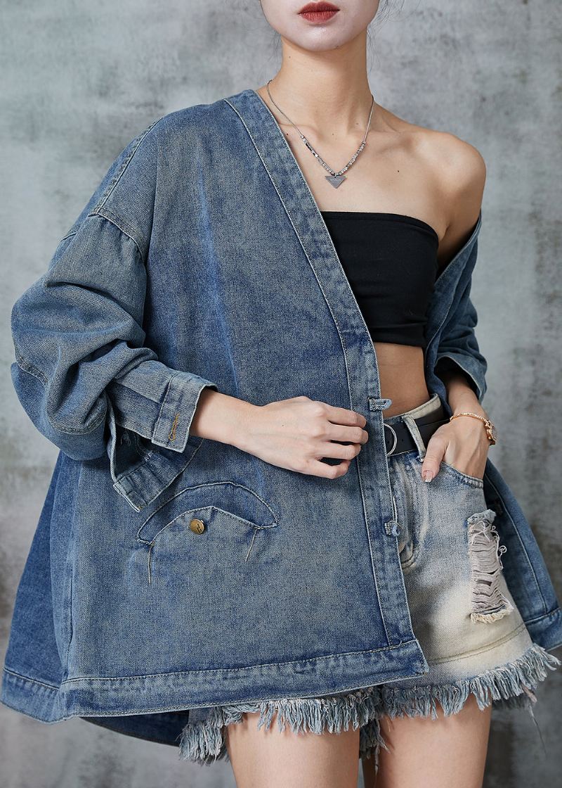 Bohemian Navy Oversized Chinese Button Denim Coats Spring - Vinterfrakker for kvinner