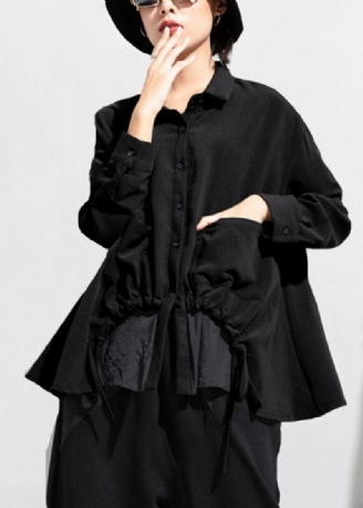 Boho Black Button Asymmetrisk Design Fall Langermet Coat