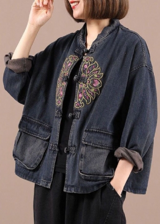 Boho Black Button Brodered Lommer Fall Denim Jakker