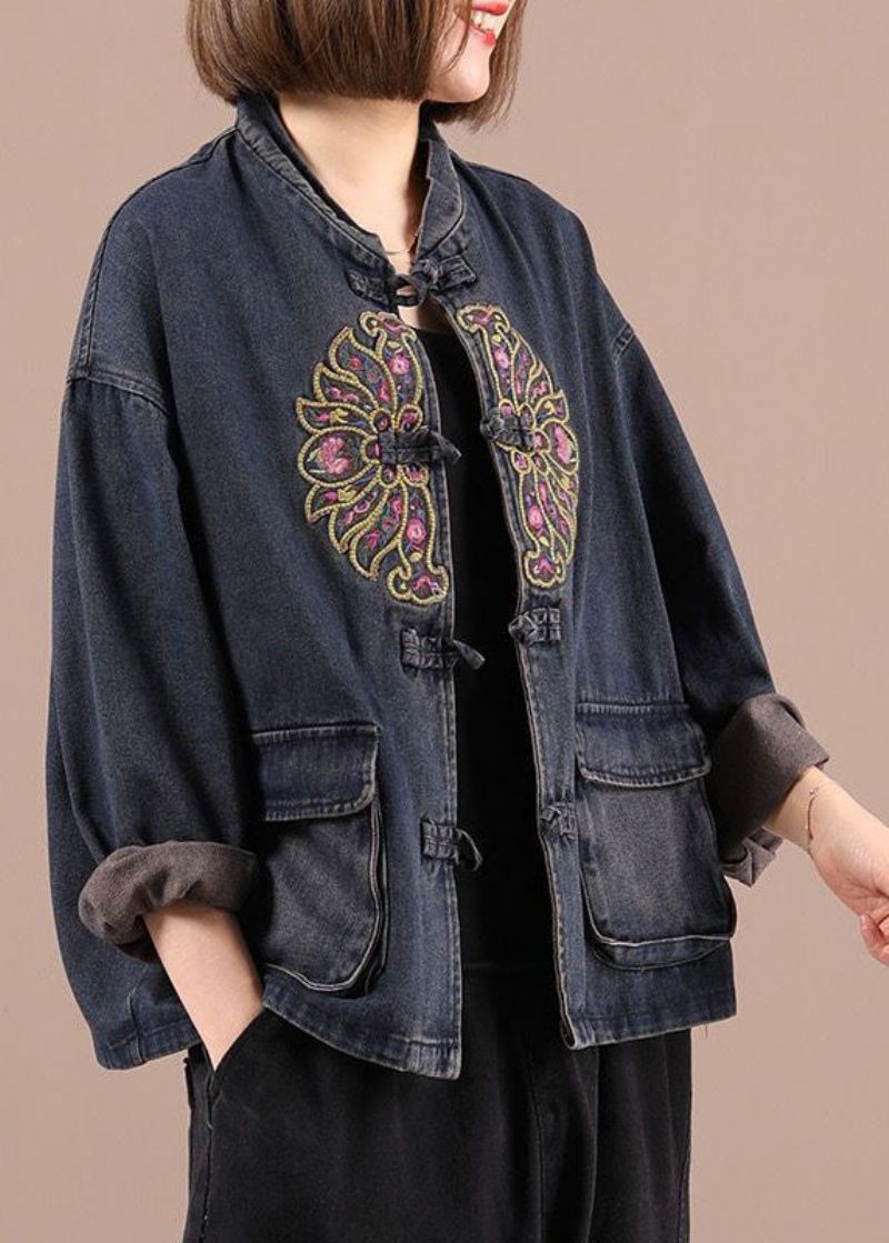 Boho Black Button Brodered Lommer Fall Denim Jakker - Vinterfrakker for kvinner