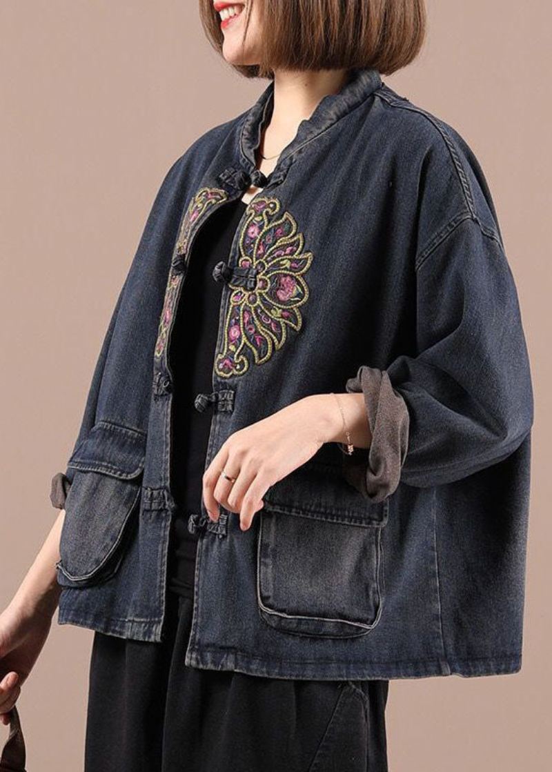 Boho Black Button Brodered Lommer Fall Denim Jakker - Vinterfrakker for kvinner