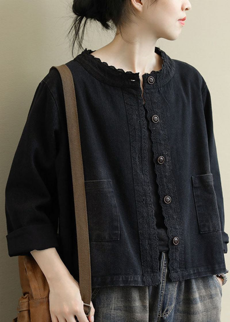 Boho Black Casual Button Brodered Fall Denim Coat