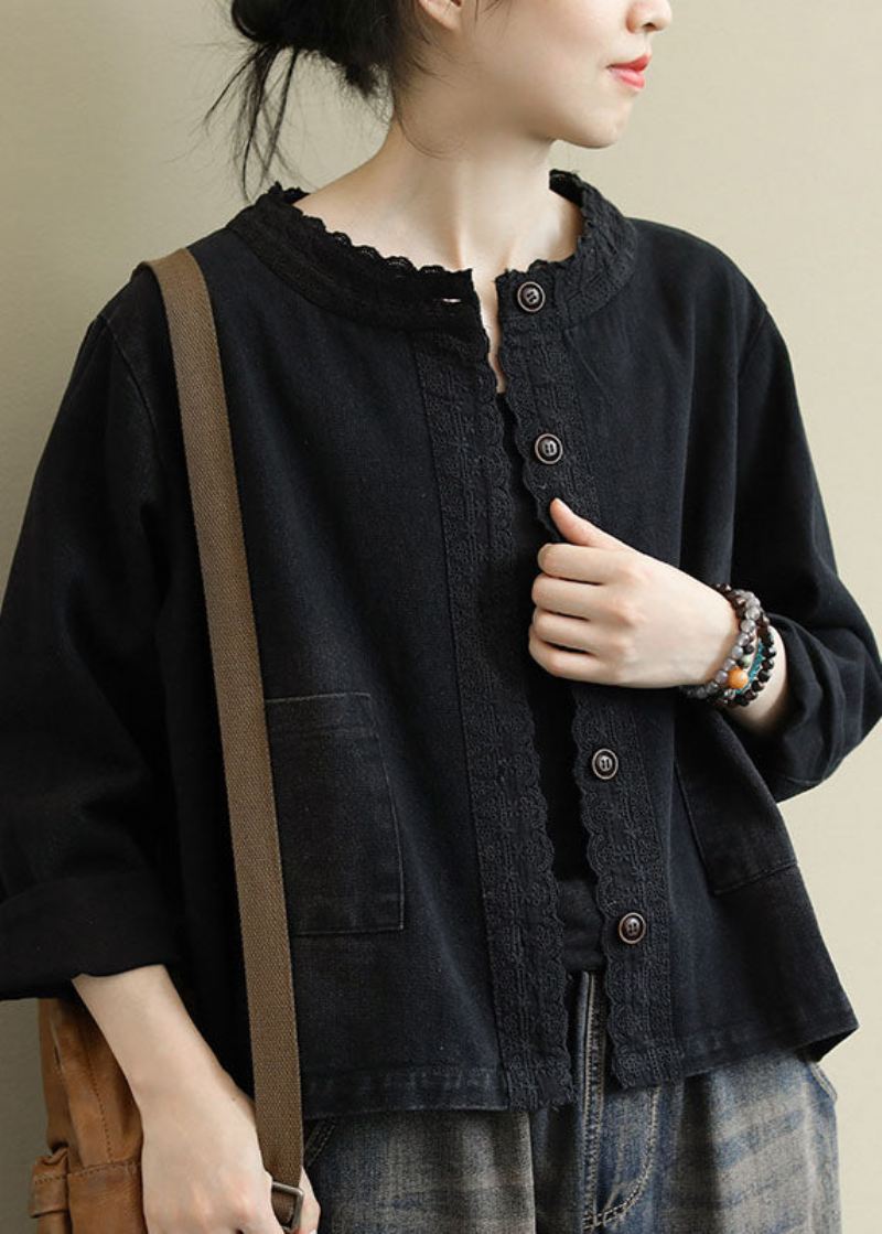 Boho Black Casual Button Brodered Fall Denim Coat - Svart