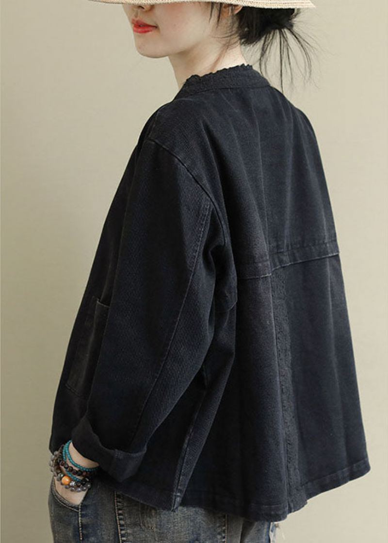 Boho Black Casual Button Brodered Fall Denim Coat - Svart