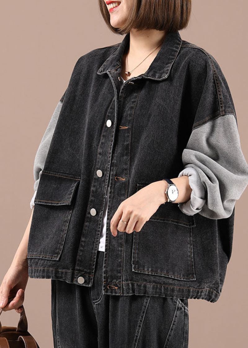 Boho Black Patchwork Lommer Fall Denim Jakker Langermet - Svart