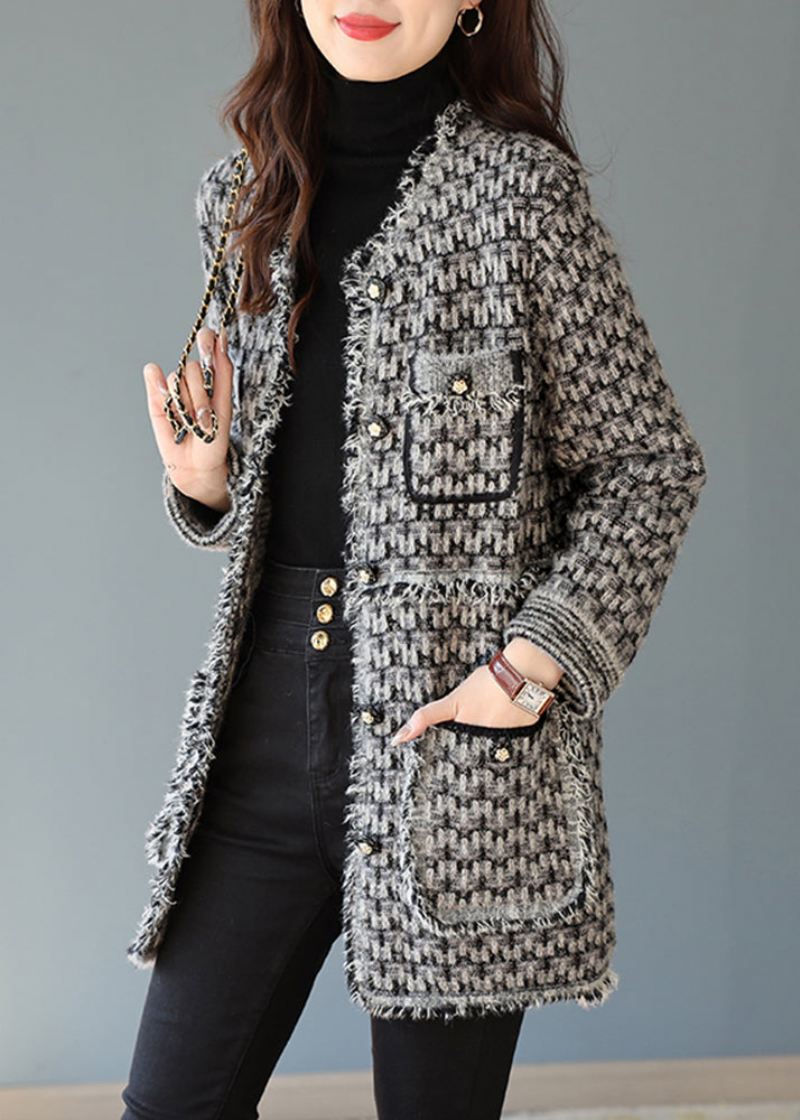 Boho Black Tasseled Rutede Cotton Coats Spring - Vinterfrakker for kvinner