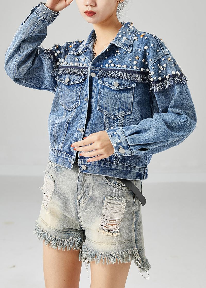 Boho Blue Oversized Patchwork Nail Bead Denim Coats Spring - Vinterfrakker for kvinner