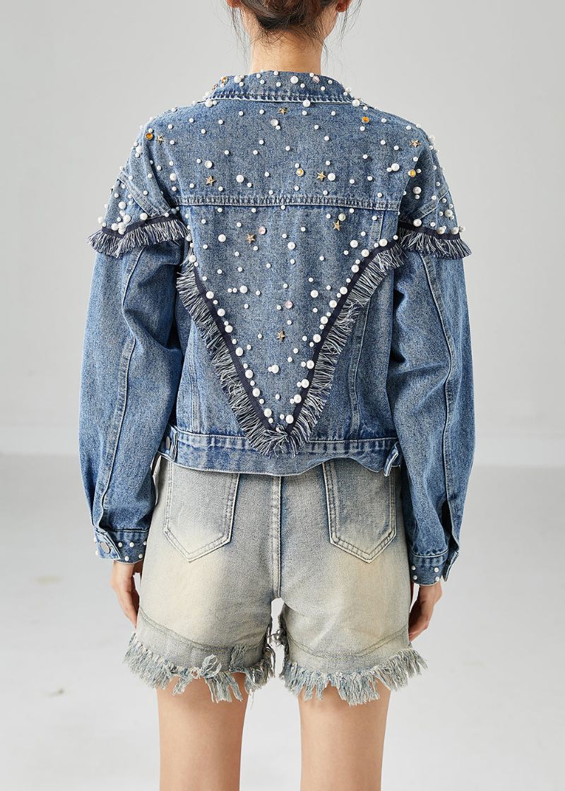 Boho Blue Oversized Patchwork Nail Bead Denim Coats Spring - Vinterfrakker for kvinner