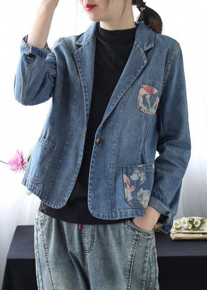 Boho Blue Peter Pan Krage Print Button Denim Coats Spring - Vinterfrakker for kvinner