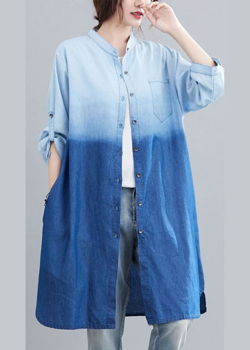 Boho Blue Pockets Button Gradient Farge Fall Denim Trench Langermet