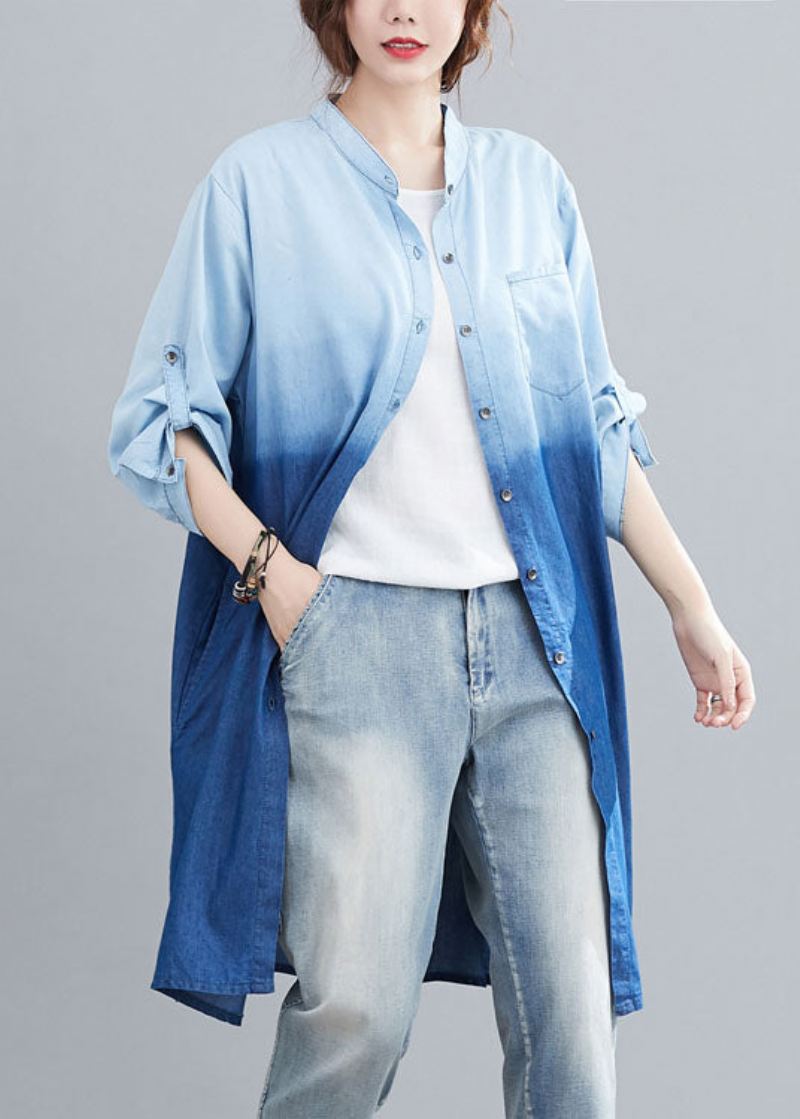 Boho Blue Pockets Button Gradient Farge Fall Denim Trench Langermet - Vinterfrakker for kvinner