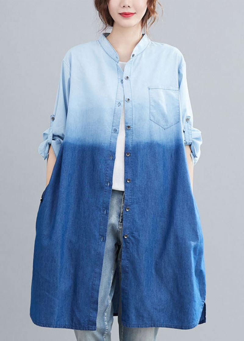 Boho Blue Pockets Button Gradient Farge Fall Denim Trench Langermet - Vinterfrakker for kvinner