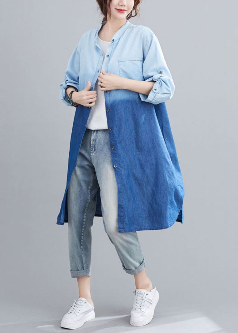 Boho Blue Pockets Button Gradient Farge Fall Denim Trench Langermet - Vinterfrakker for kvinner