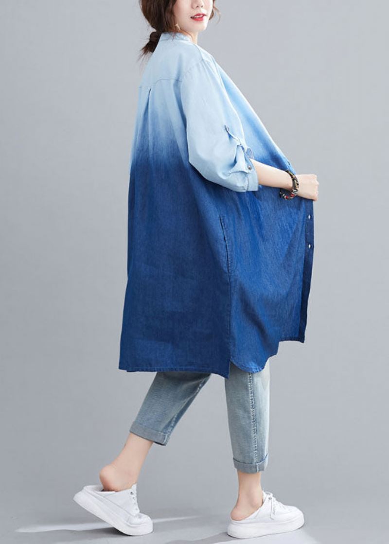 Boho Blue Pockets Button Gradient Farge Fall Denim Trench Langermet - Vinterfrakker for kvinner