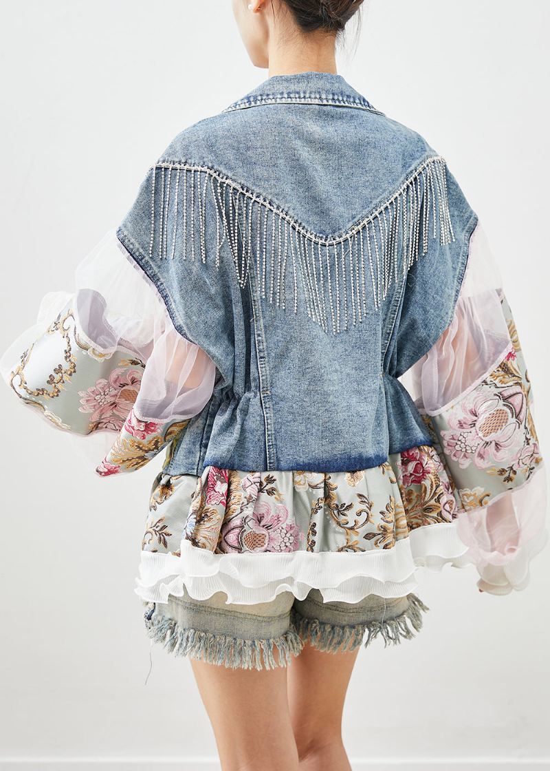 Boho Blue Tasseled Patchwork Tulle Denim Coat Lantern Sleeve - Vinterfrakker for kvinner