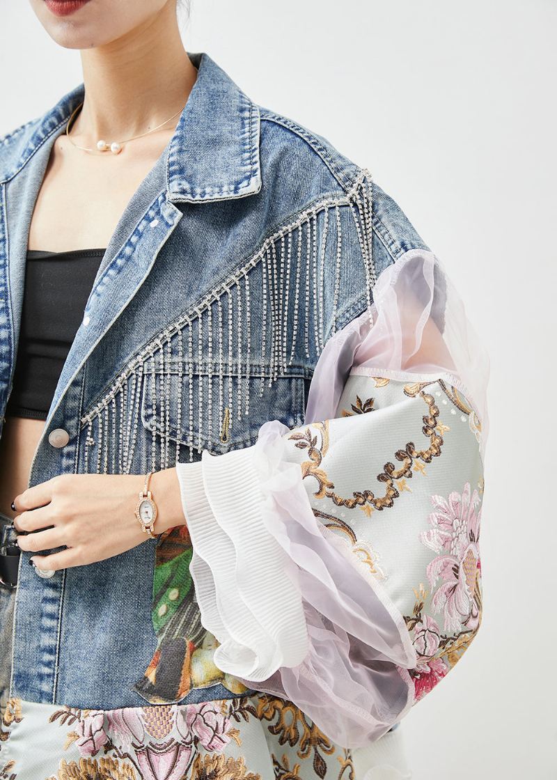 Boho Blue Tasseled Patchwork Tulle Denim Coat Lantern Sleeve - Vinterfrakker for kvinner