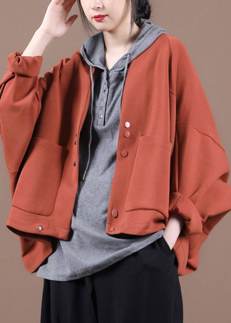 Boho Brick Red Bat Wing Sleeve Lommer Knapp Fall Topp