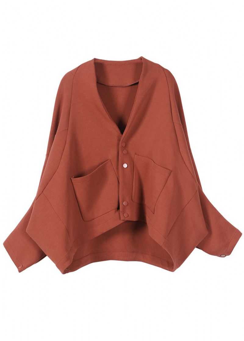 Boho Brick Red Bat Wing Sleeve Lommer Knapp Fall Topp - Vinterfrakker for kvinner