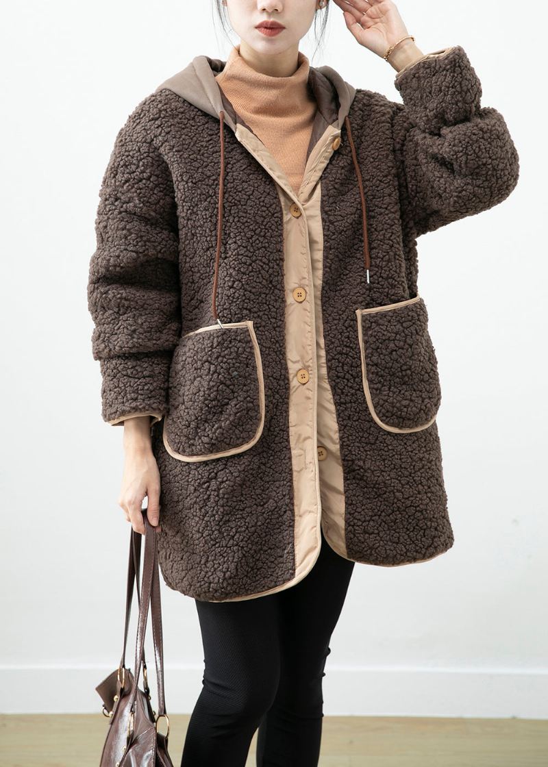 Boho Chocolate Hette Patchwork Lommer Teddy Faux Fur Coats Vinter - Vinterfrakker for kvinner