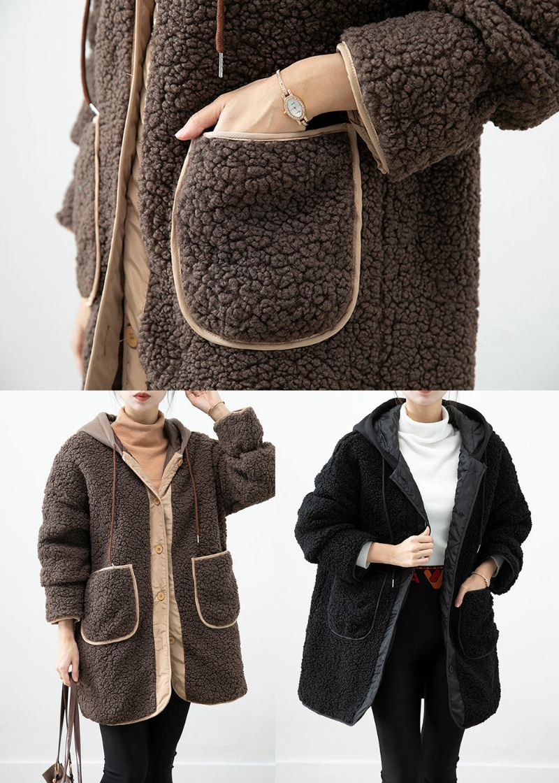 Boho Chocolate Hette Patchwork Lommer Teddy Faux Fur Coats Vinter - Vinterfrakker for kvinner