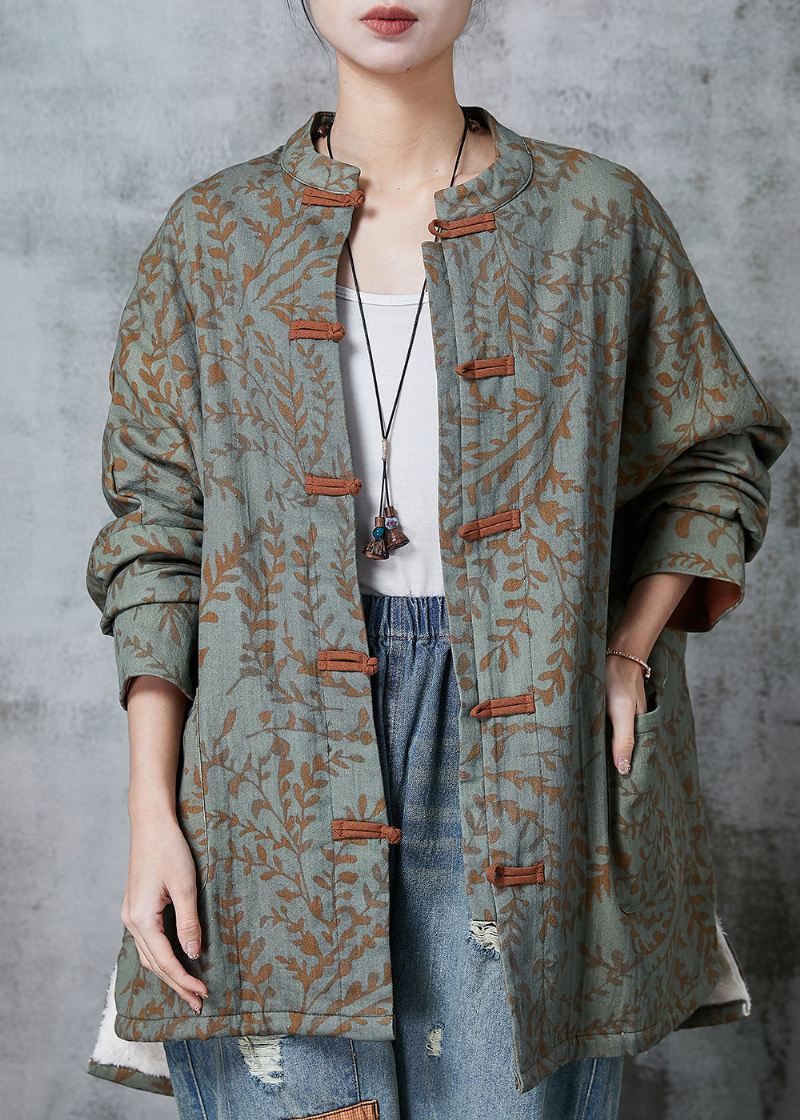 Boho Green Oversized Print Cotton Oriental Coat Spring - Vinterfrakker for kvinner